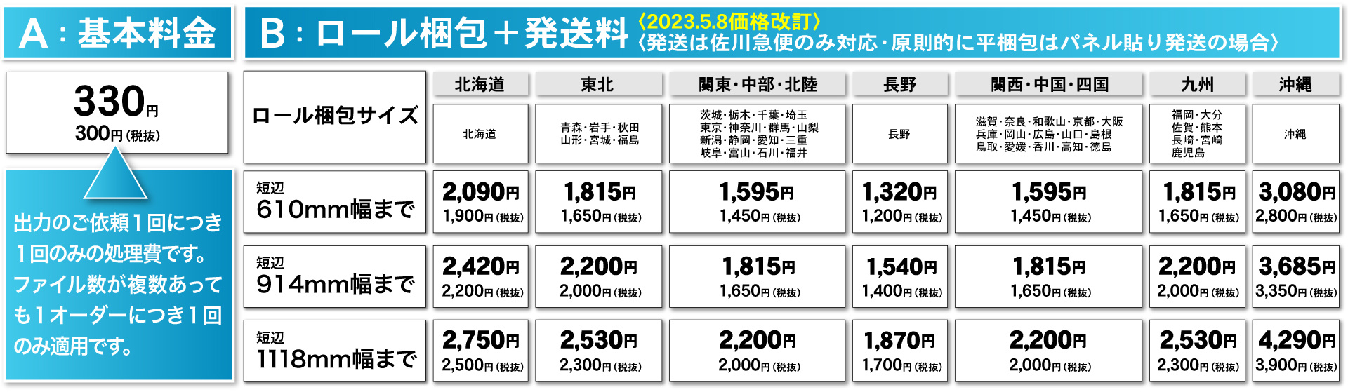 ウィンバードの大判印刷・垂れ幕や横断幕印刷の基本料金とロール梱包発送料金